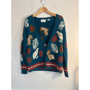 Vintage Segrets Sun Prints Hand Knit Teal Bird Leaf Cardigan Size M Hong Kong